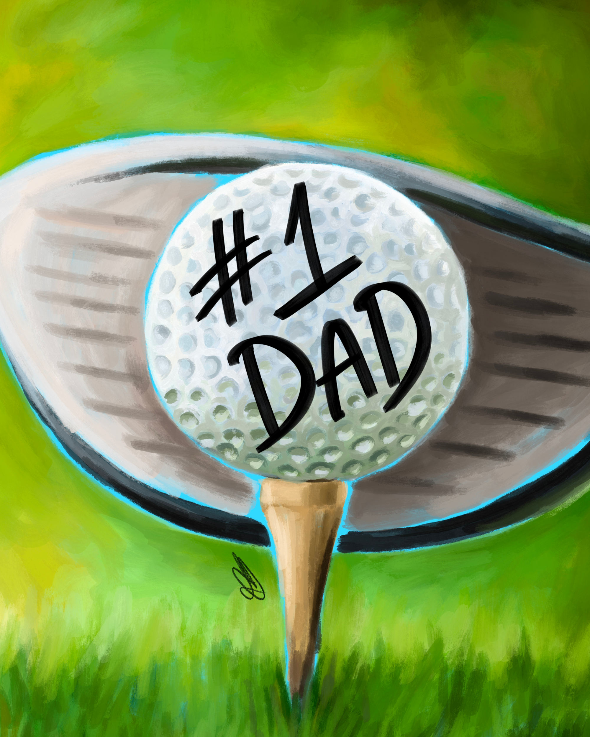 Golf ball with '#1 Dad' text on a tee, held by a golf club against a green background