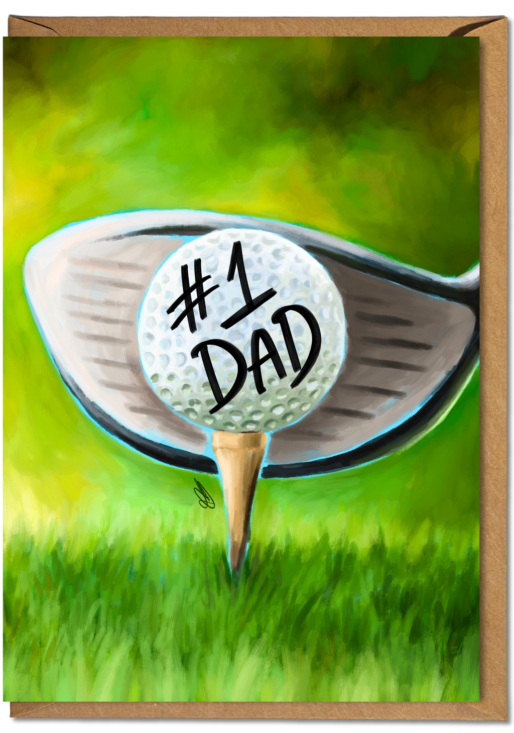 Greeting card with golf ball and club on a grassy background, featuring '#1 Dad' text.
