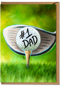 Greeting card with golf ball and club on a grassy background, featuring '#1 Dad' text.