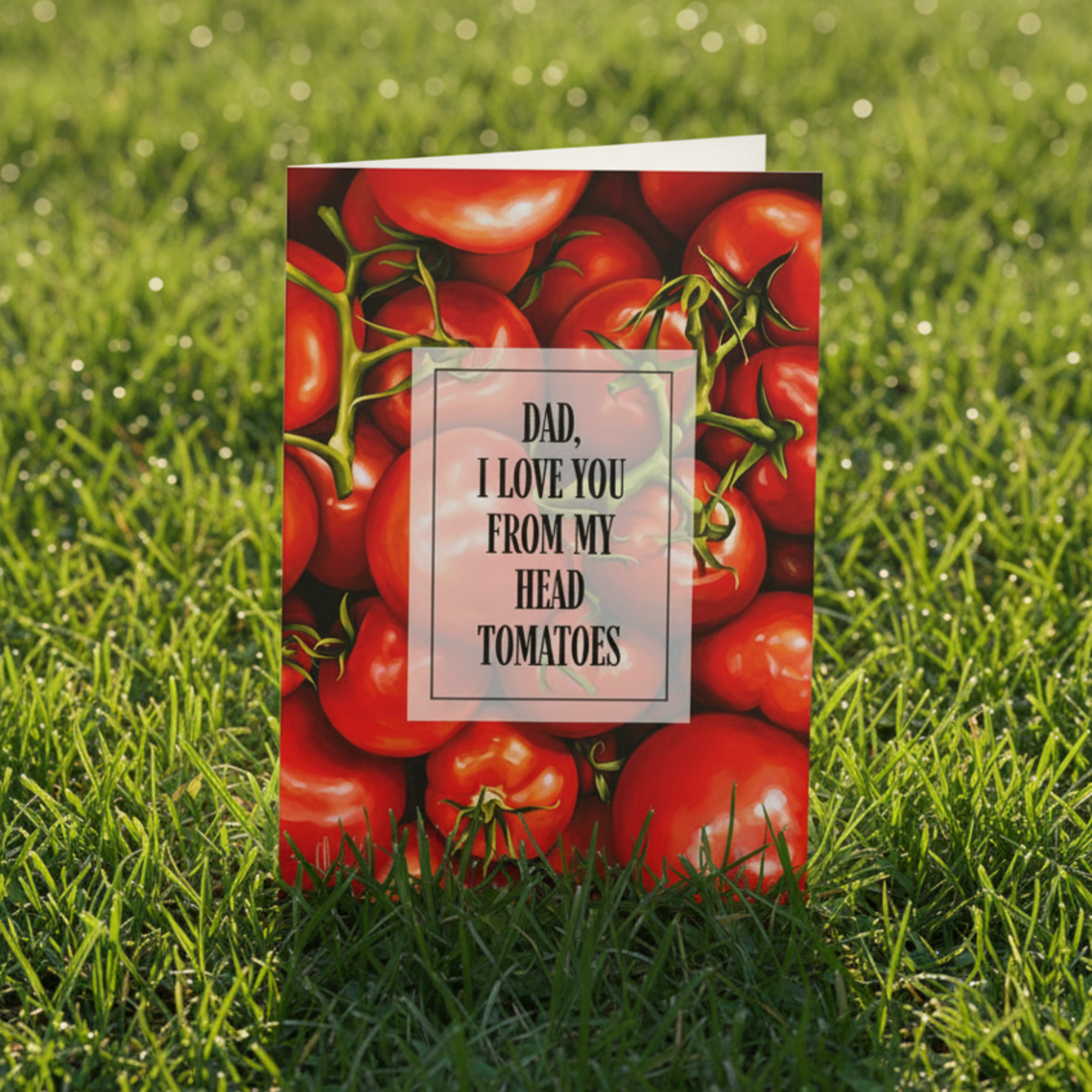 Card with red tomatoes and text 'Dad, I love you from my head tomatoes' on a pink background. Displayed stood in the grass.