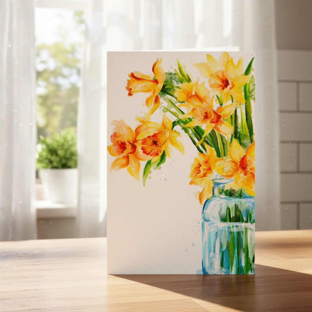 Card with a floral design featuring daffodil bouquet in a blue vase on a wooden surface.