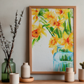 Framed artwork of yellow daffodil flowers on a wall with decorative vases below.