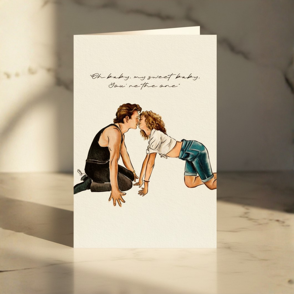 Greeting card with illustration of a couple crawling towards each other and quote on a marble surface