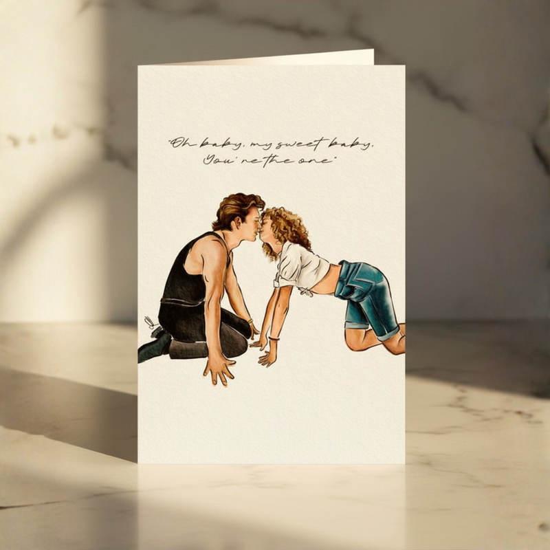 Greeting card with illustration of a couple crawling towards each other and quote on a marble surface
