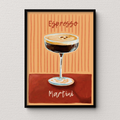 Framed artwork of an espresso martini with text on a textured wall.