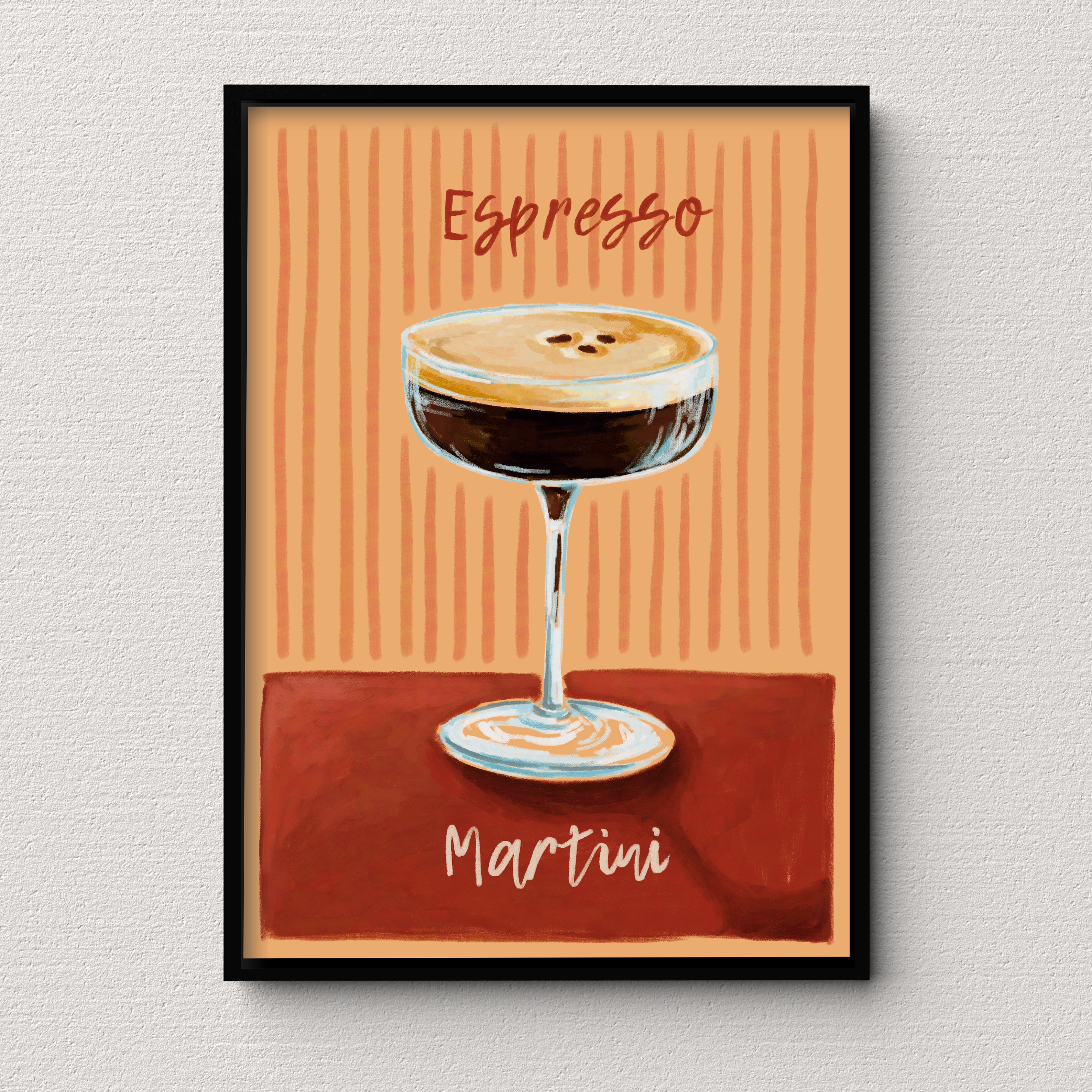 Framed artwork of an espresso martini with text on a textured wall.