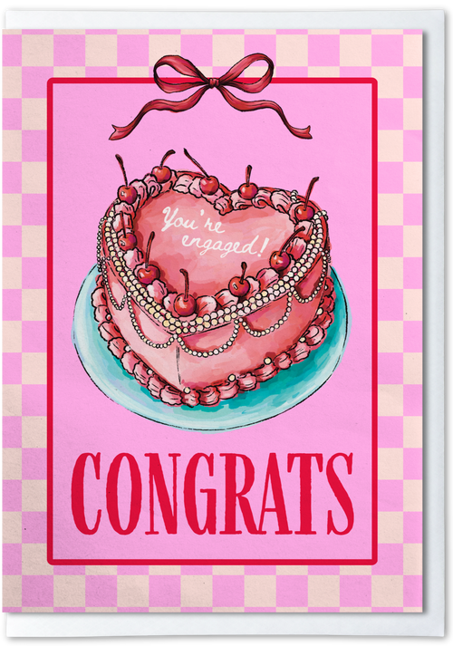 Card with a heart-shaped cake and 'You're engaged!' text on a pink and white checkered border.