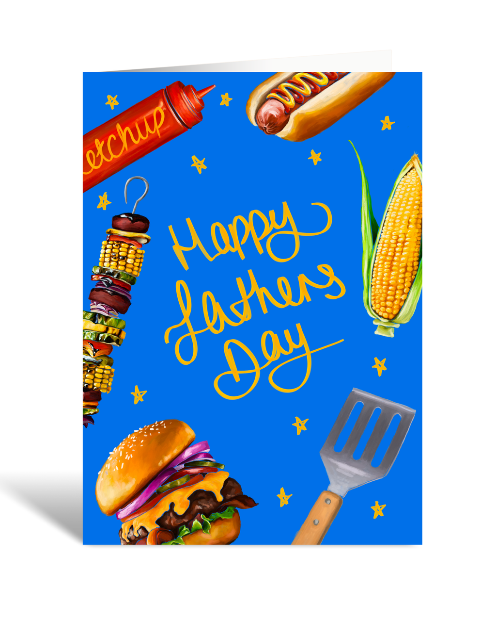Father's Day card with barbecue-themed illustrations on a blue background