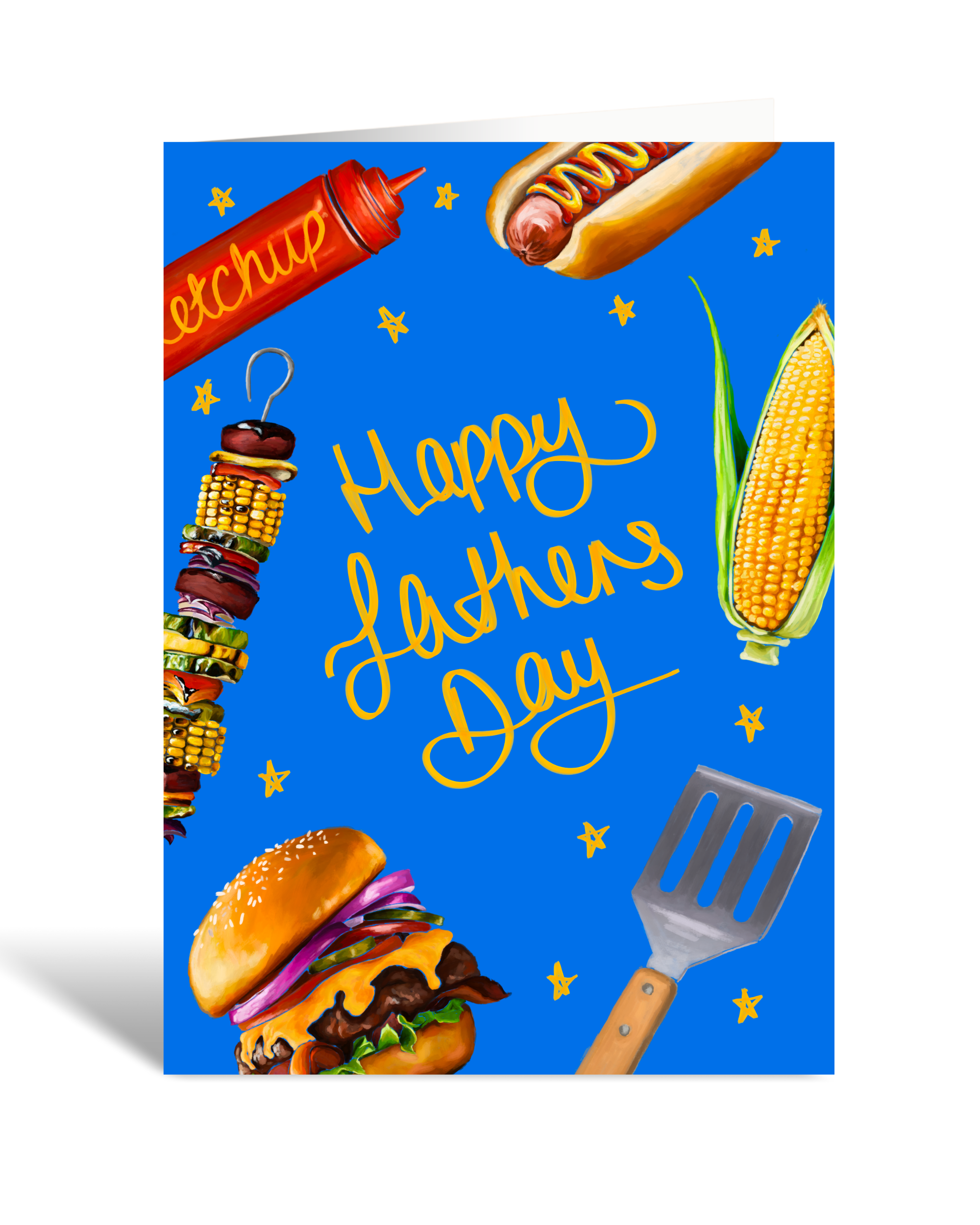 Father's Day card with barbecue-themed illustrations on a blue background