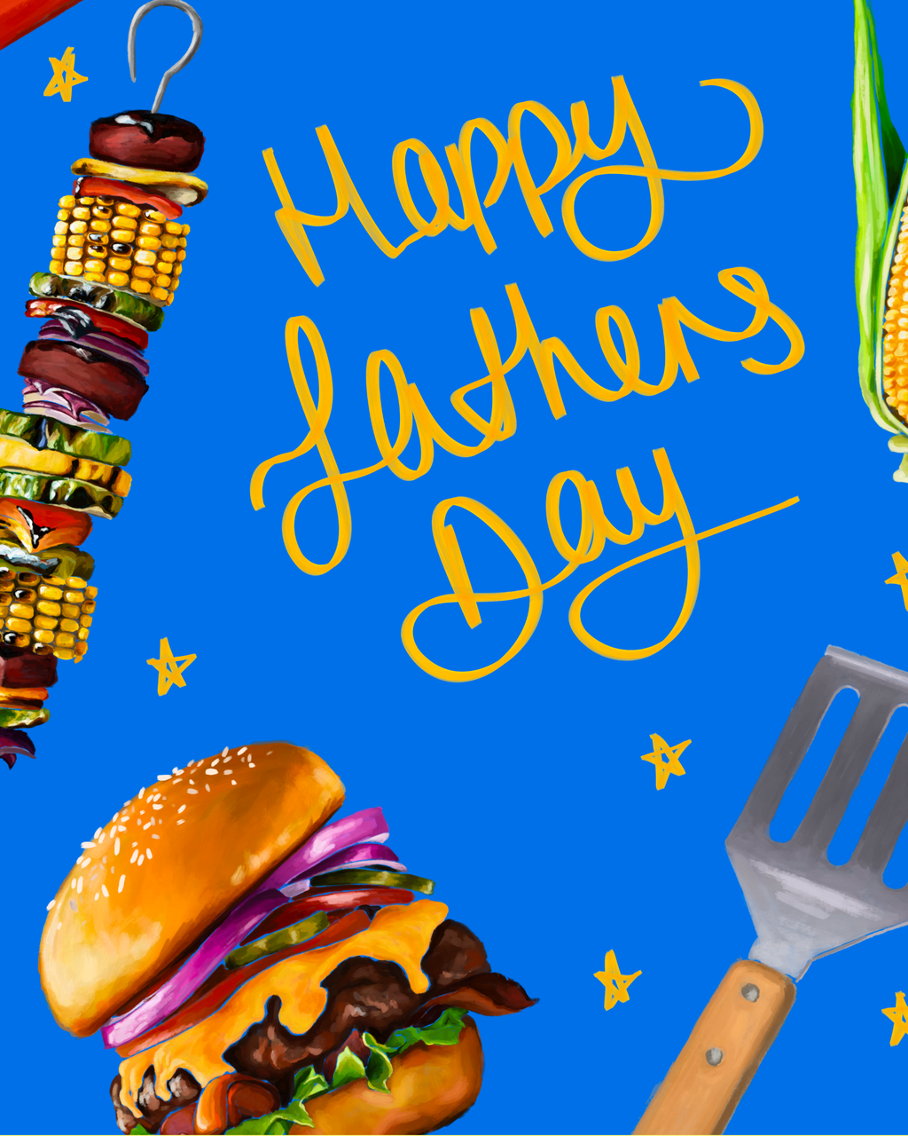 Happy Father's Day card with a burger, skewer, spatula, and corn on a blue background.