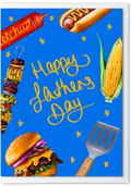 Father's Day card with burgers, hot dogs, corn, and a spatula on a blue background.