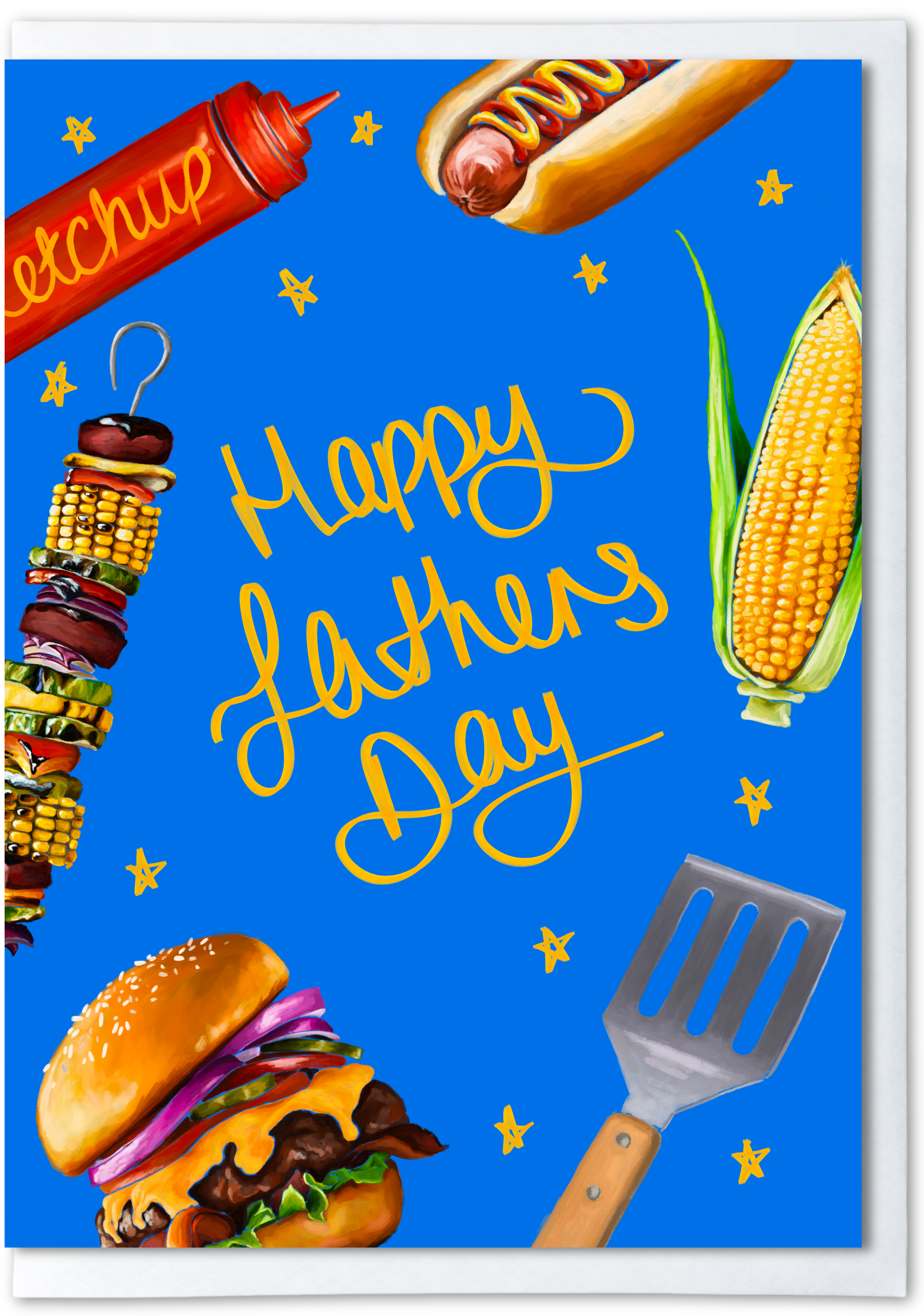Father's Day card with burgers, hot dogs, corn, and a spatula on a blue background.