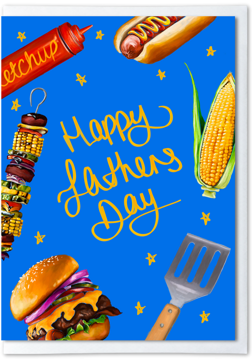 Father's Day card with burgers, hot dogs, corn, and a spatula on a blue background.