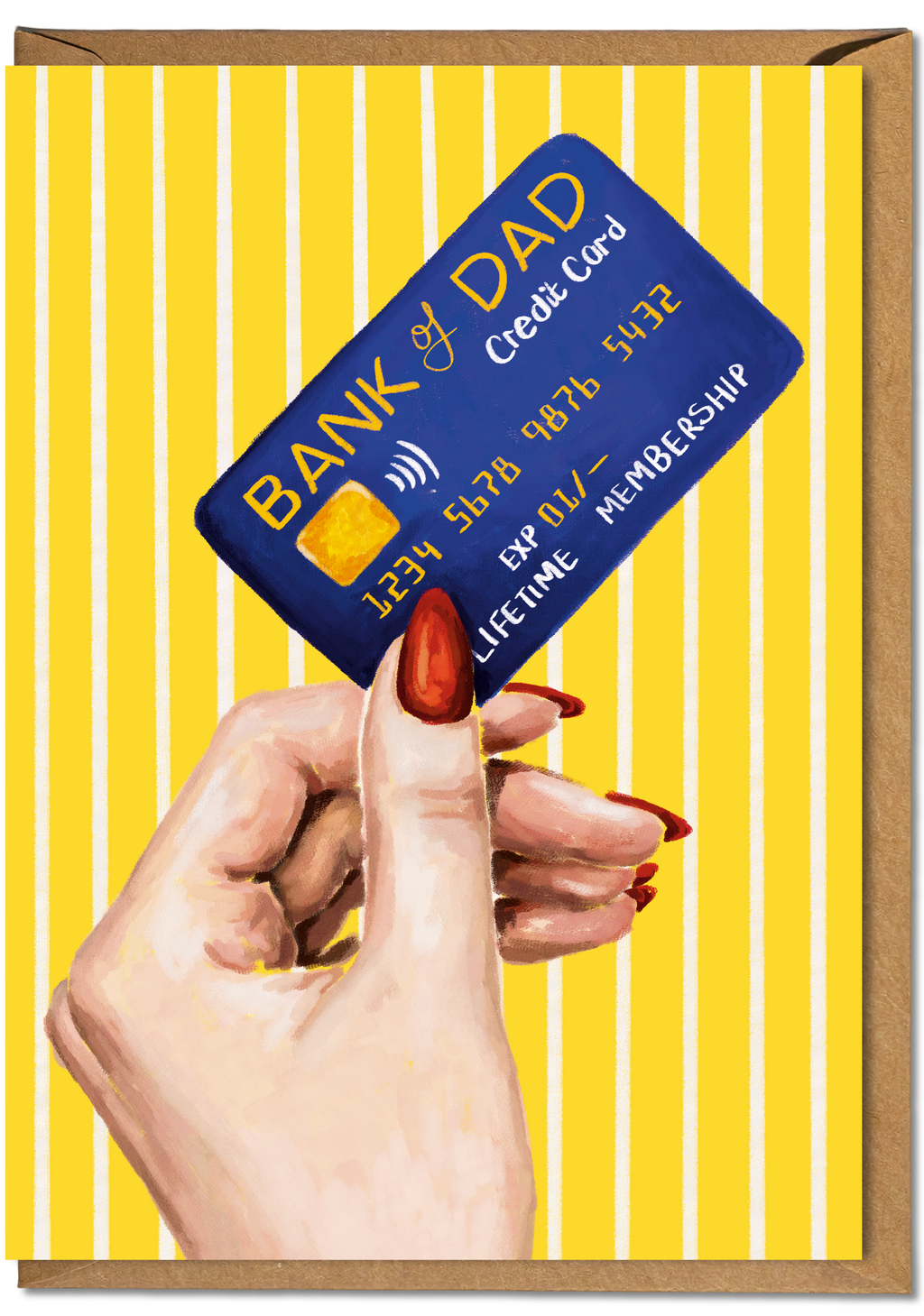 Yellow fathers day card with funny bank card illustration and “bank of dad” message