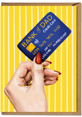 Yellow fathers day card with funny bank card illustration and “bank of dad” message