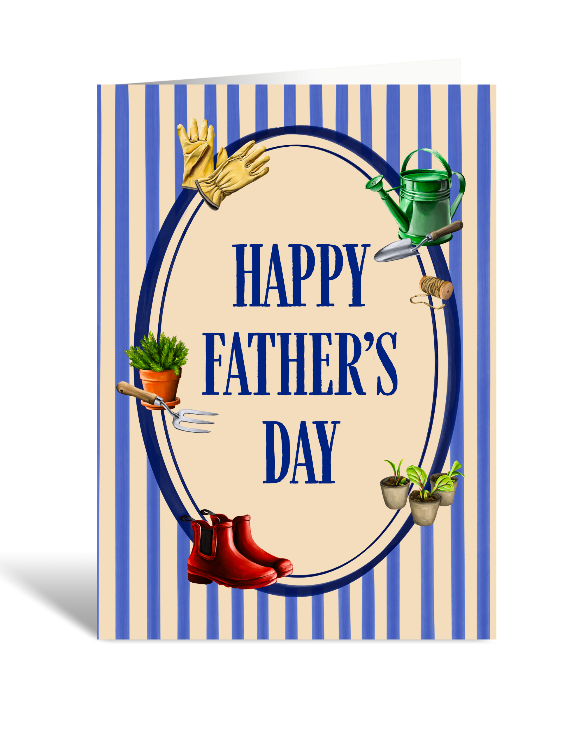 Father's Day card with gardening-themed elements on a blue and white striped background