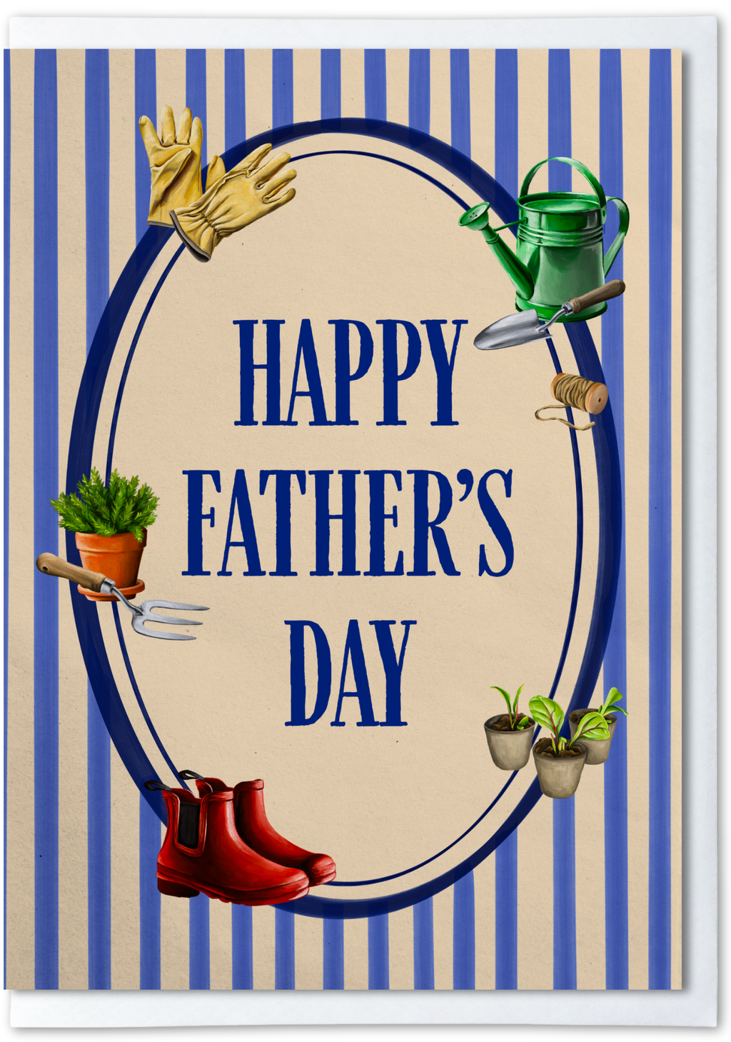 Father's Day card with gardening tools and plants on a striped background.