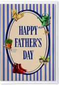Father's Day card with gardening tools and plants on a striped background.