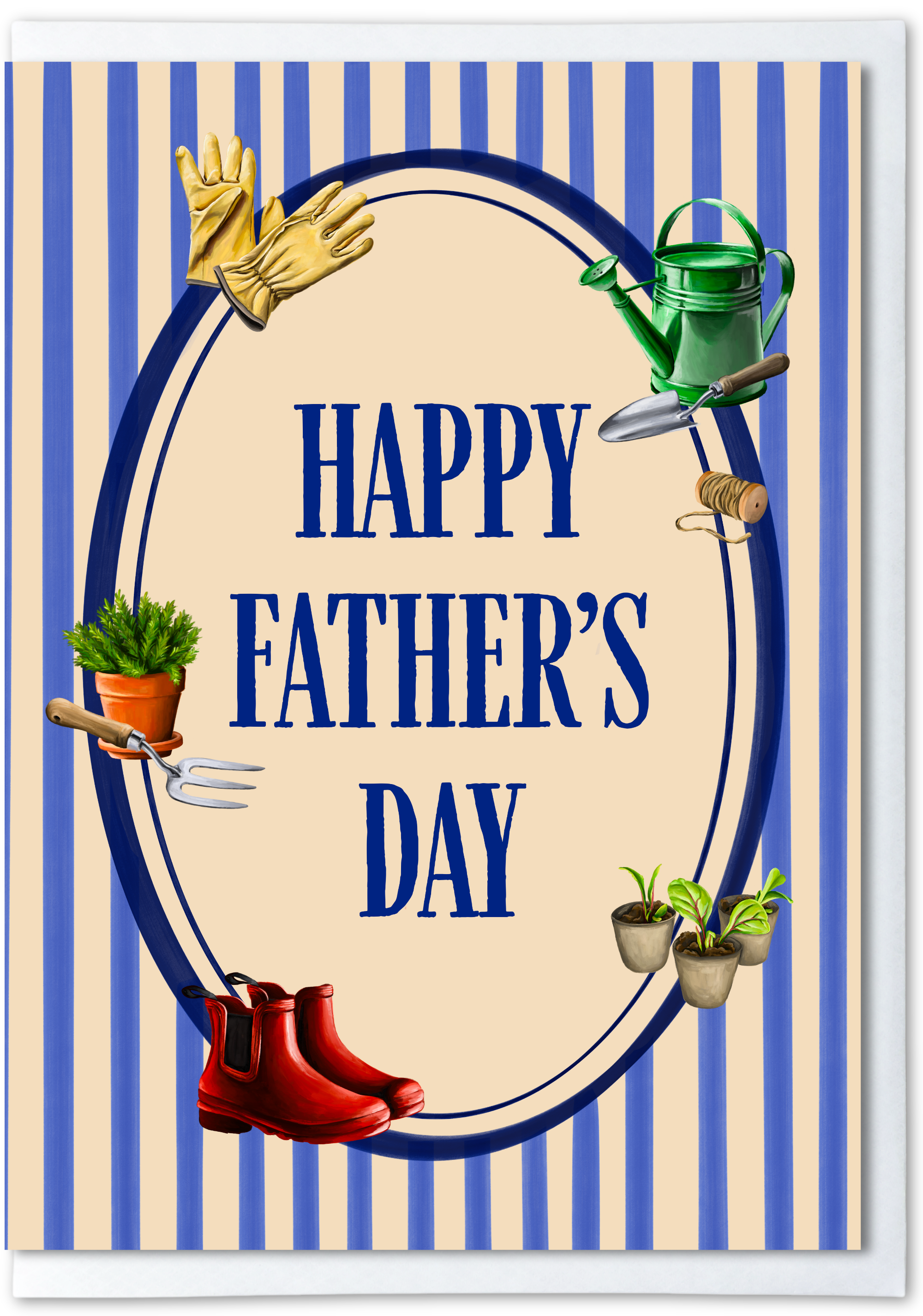 Father's Day card with gardening tools and plants on a striped background