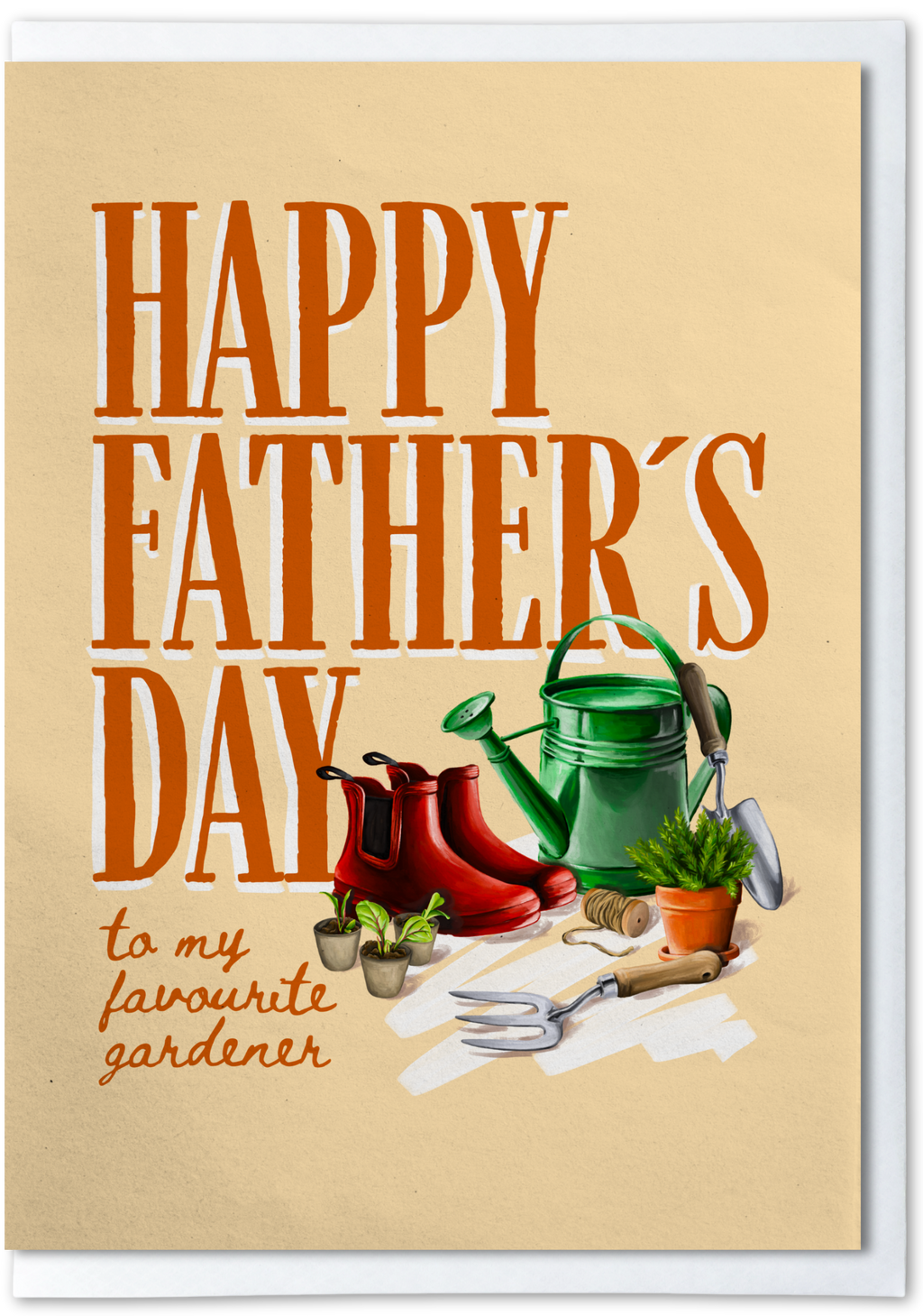 Father's Day card with gardening tools and plants on a beige background.