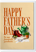 Father's Day card with gardening tools and plants on a beige background.
