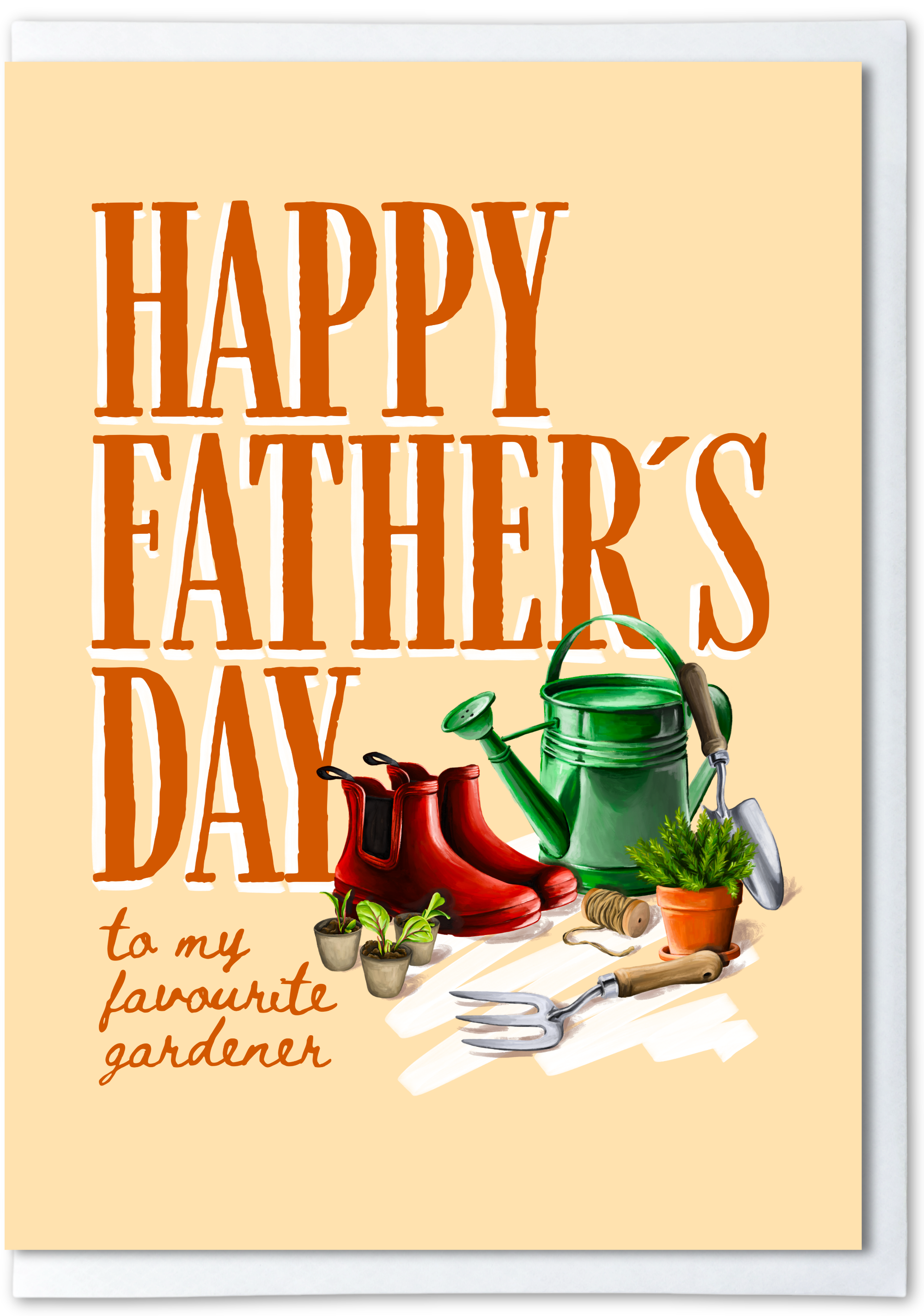 Father's Day card with gardening tools and plants on a beige background