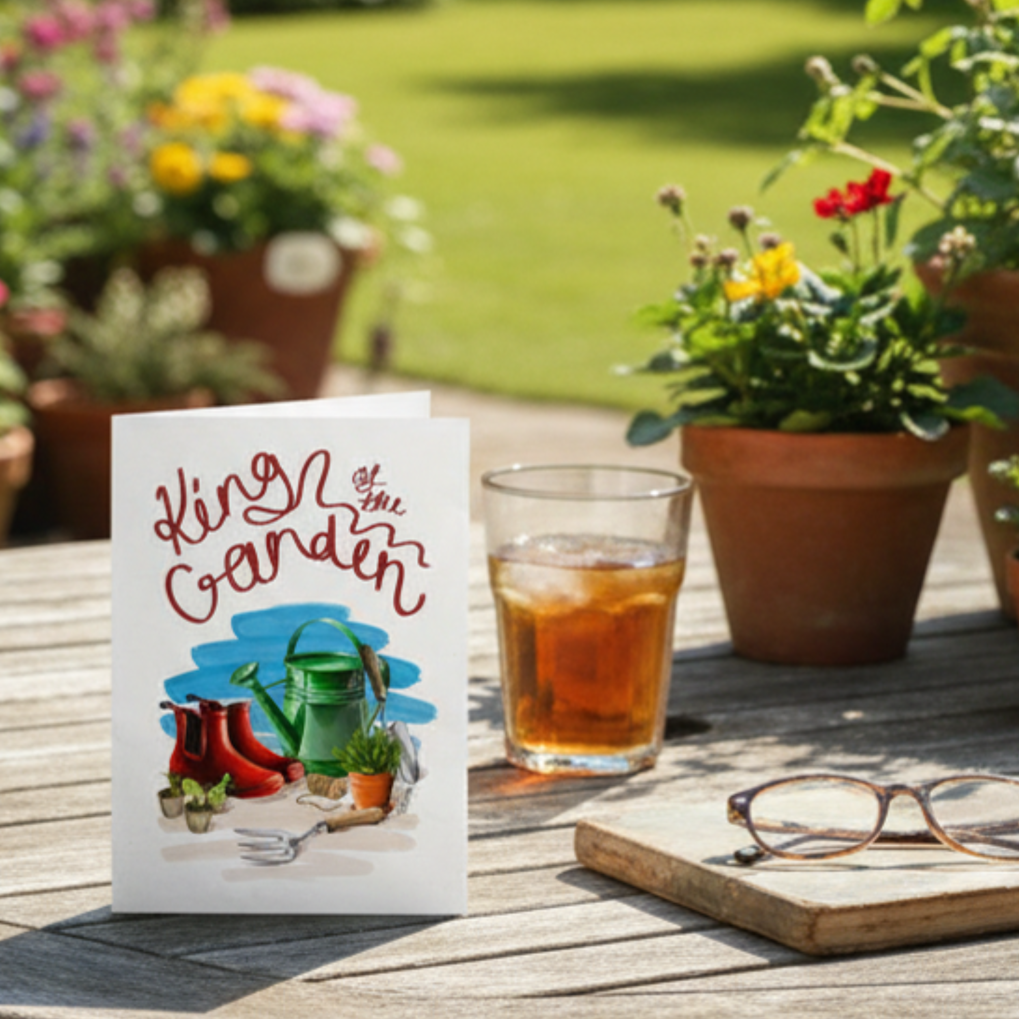Gardening-themed illustration with tools and plants, featuring the text 'King of the Garden'. Displayed on a garden table with plants, iced tea and a book.