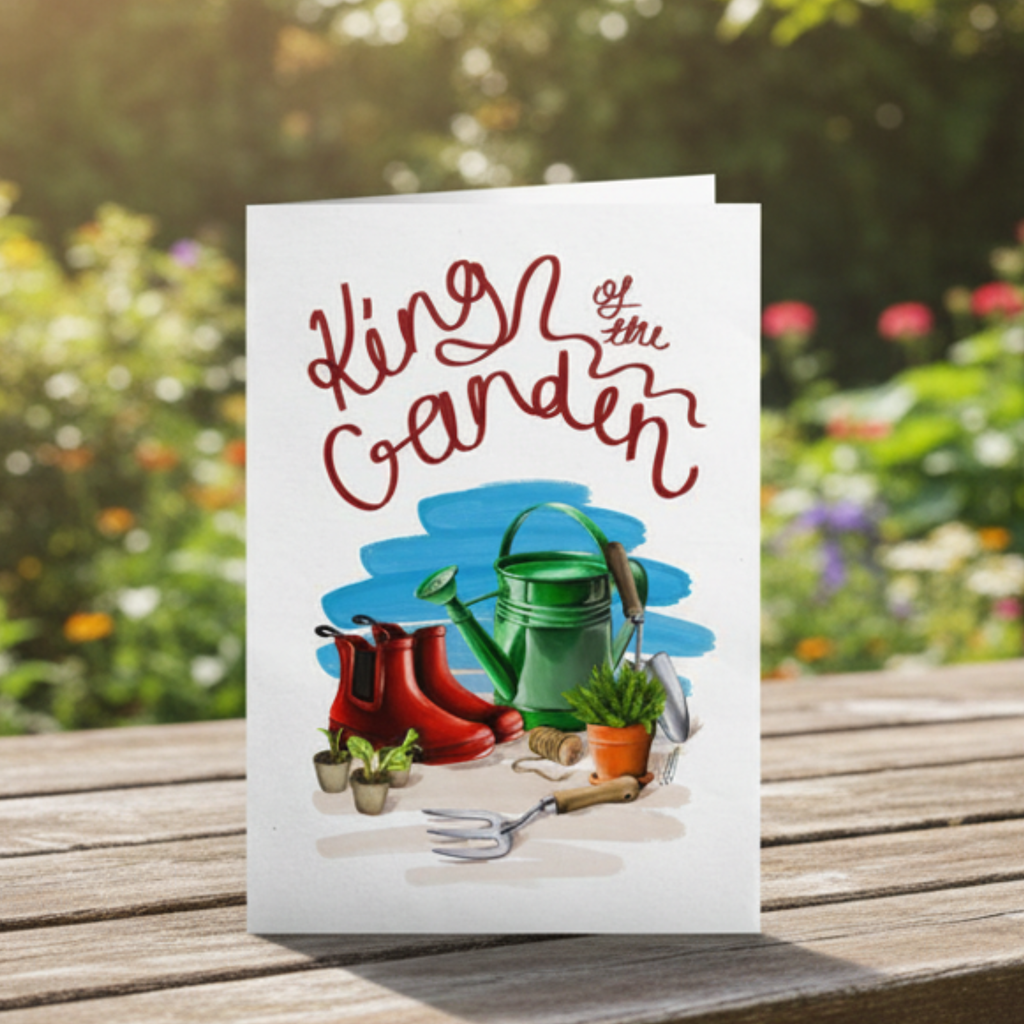 Gardening-themed illustration with tools and plants, featuring the text 'King of the Garden'.