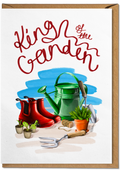 Gardening-themed illustration with tools and plants, featuring the text 'King of the Garden'.