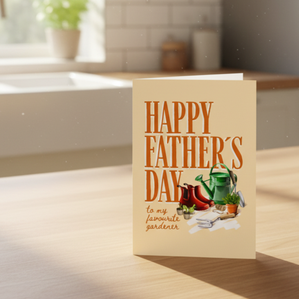 Father's Day card with gardening tools and plants on a beige background. Displayed on a sunny kitchen counter.
