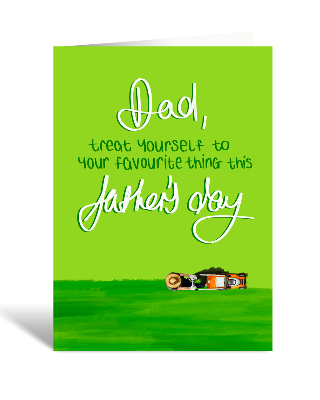 Father's Day card with a green background, a lawn mower illustration and funny message.