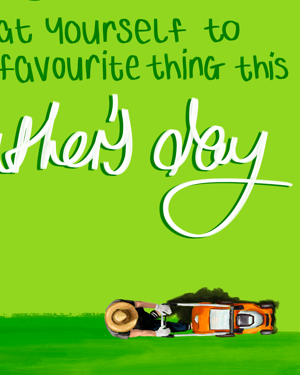 Man pushing lawn mower illustration on grass with text about Father's Day on a green background