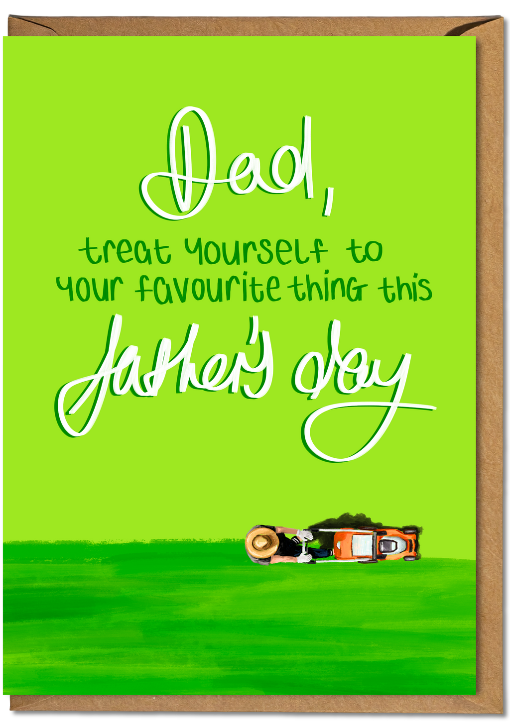Father's Day card with funny message and lawn mower illustration on a green background