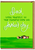Father's Day card with funny message and lawn mower illustration on a green background
