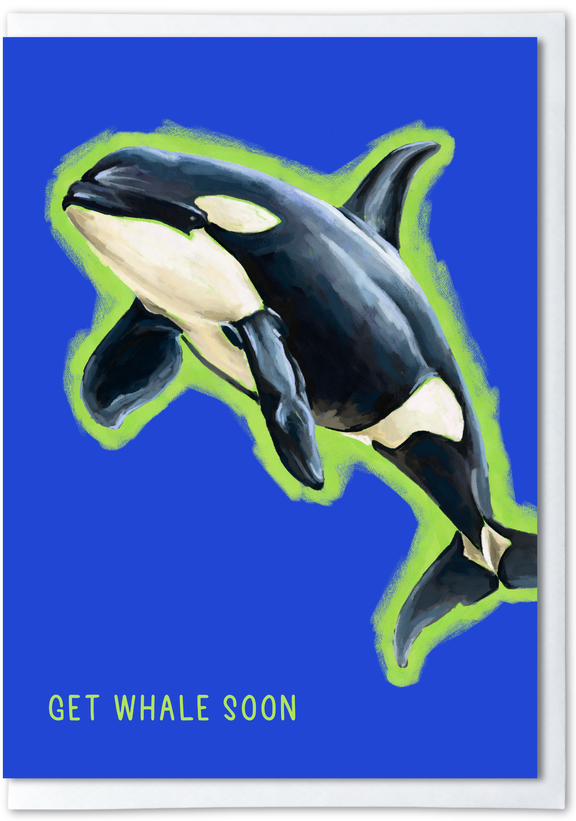 Orca whale illustration with 'Get Whale Soon' text on a blue background