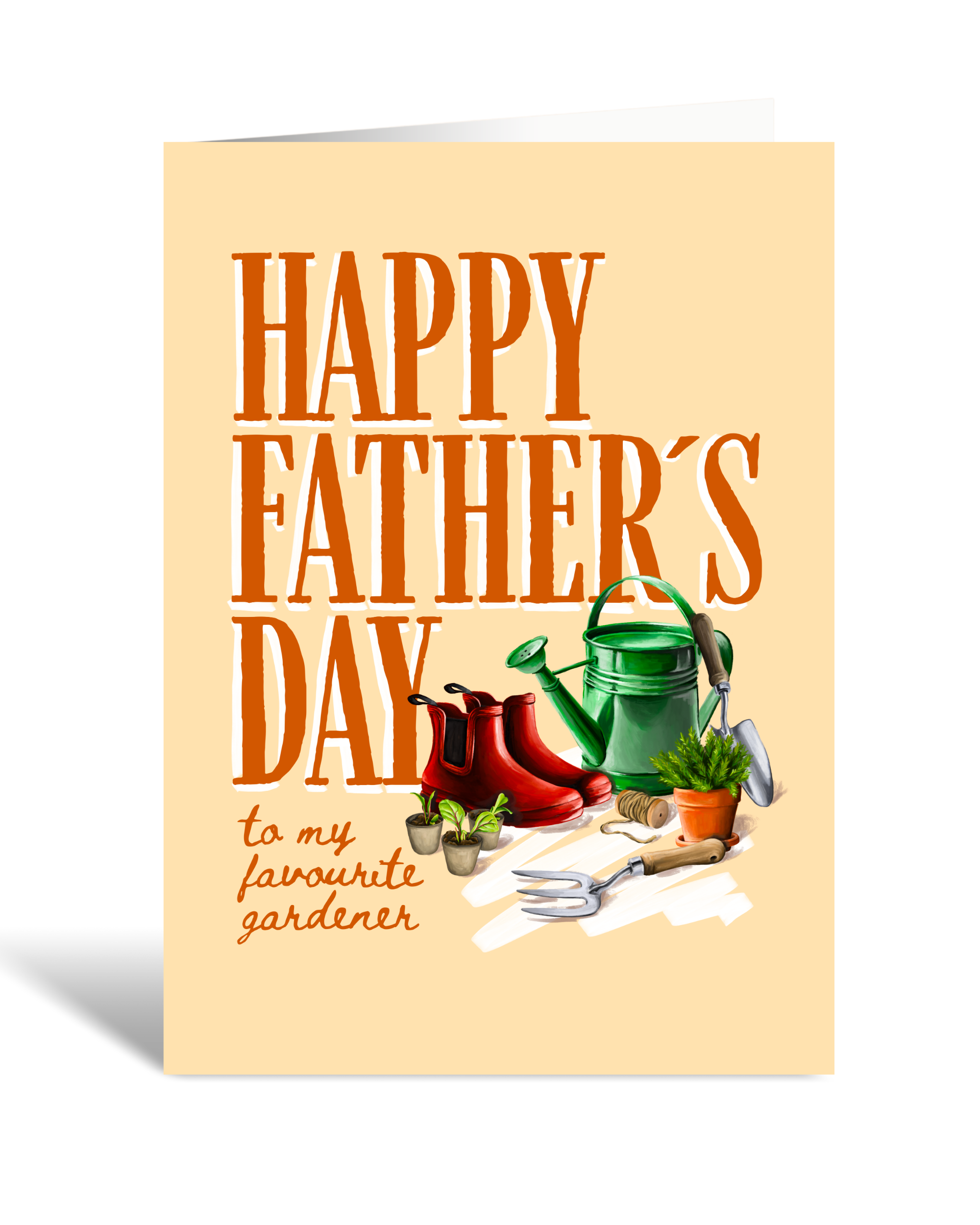 Father's Day card with gardening tools and plants on a beige background