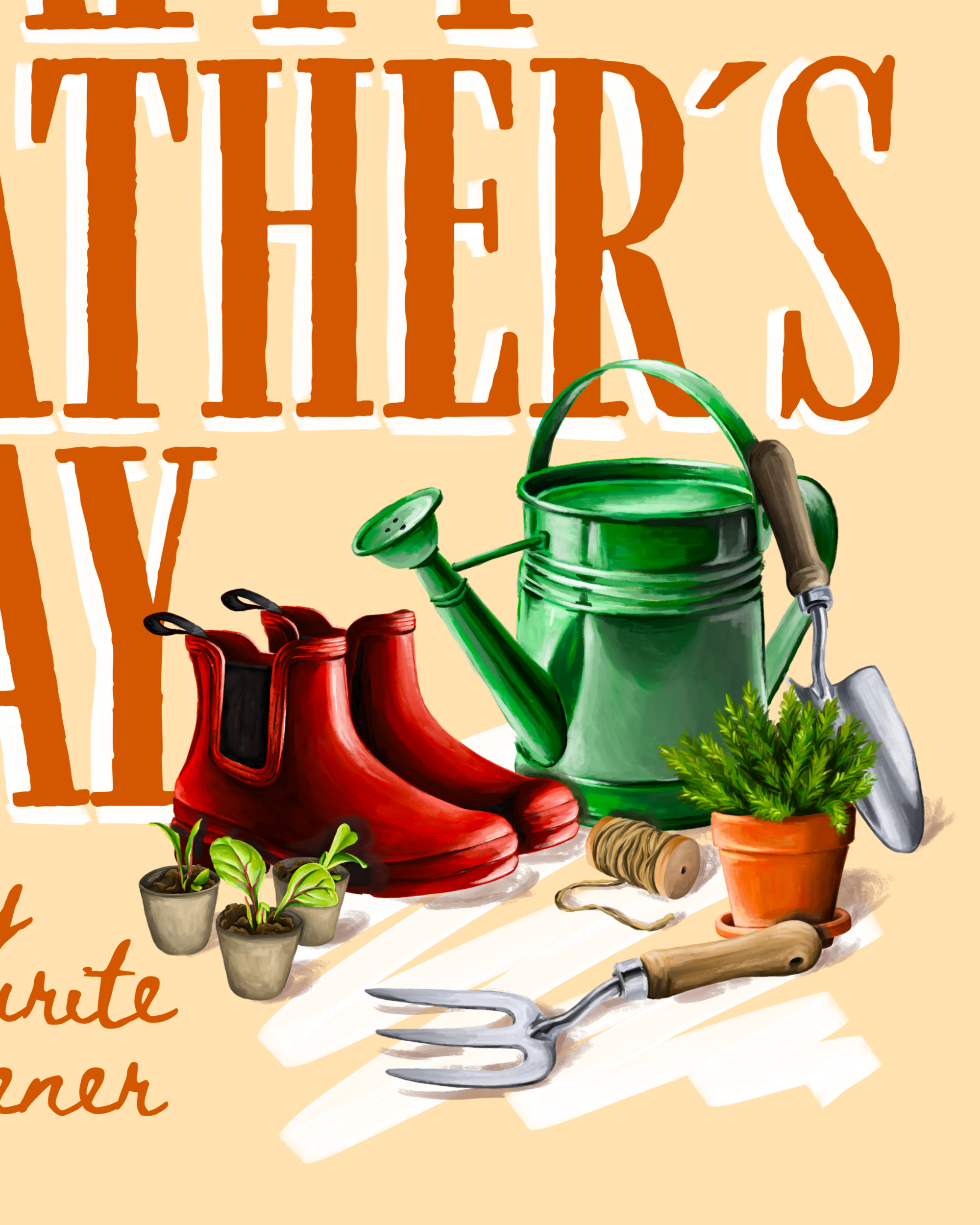 Gardening tools and boots with 'Father's Day' text on a beige background