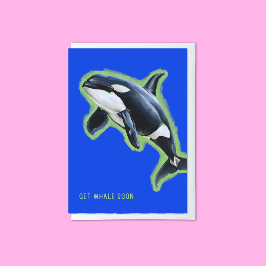blue greeting card with orca illustration and ‘get whale soon’ message on a pink background