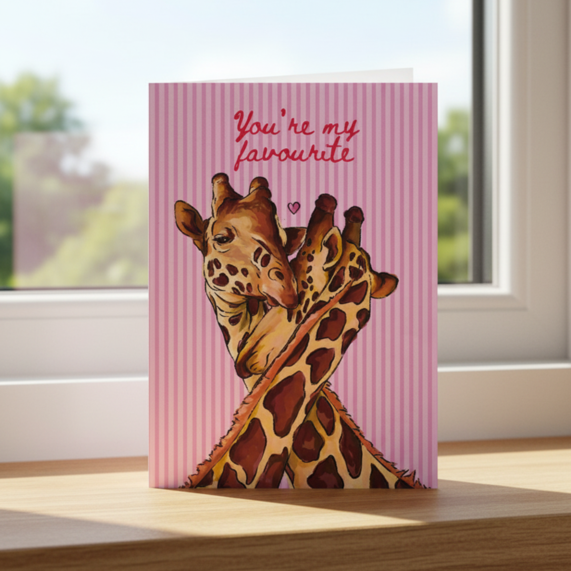 Greeting card with two giraffes hugging on a pink striped background, placed on a wooden surface with a window in the background.