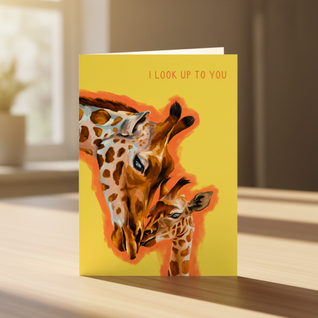 Greeting card with giraffe illustration and text 'I look up to you' on a yellow background