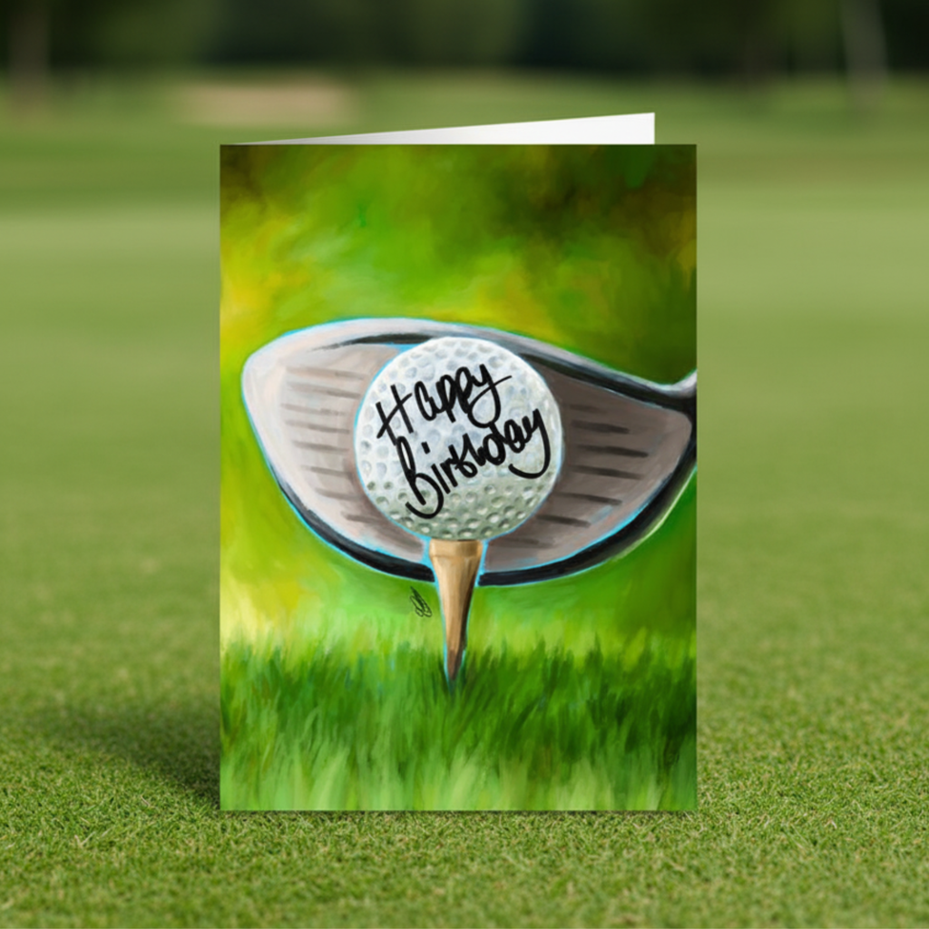 Greeting card with a golf ball and club on a grass background, featuring 'Happy Birthday' text. Displayed on a golf green
