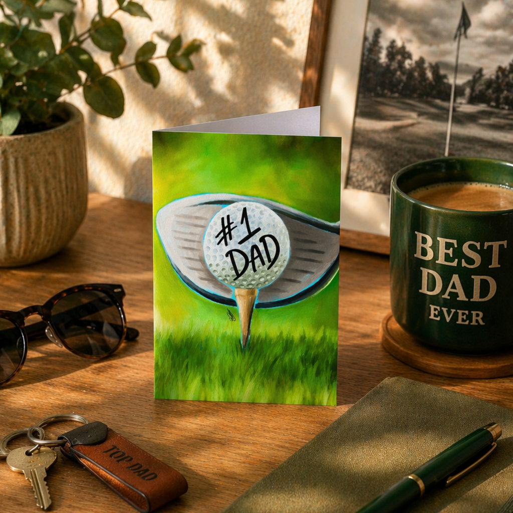Greeting card with golf ball and club on a grassy background, featuring '#1 Dad' text. Displayed on a desk