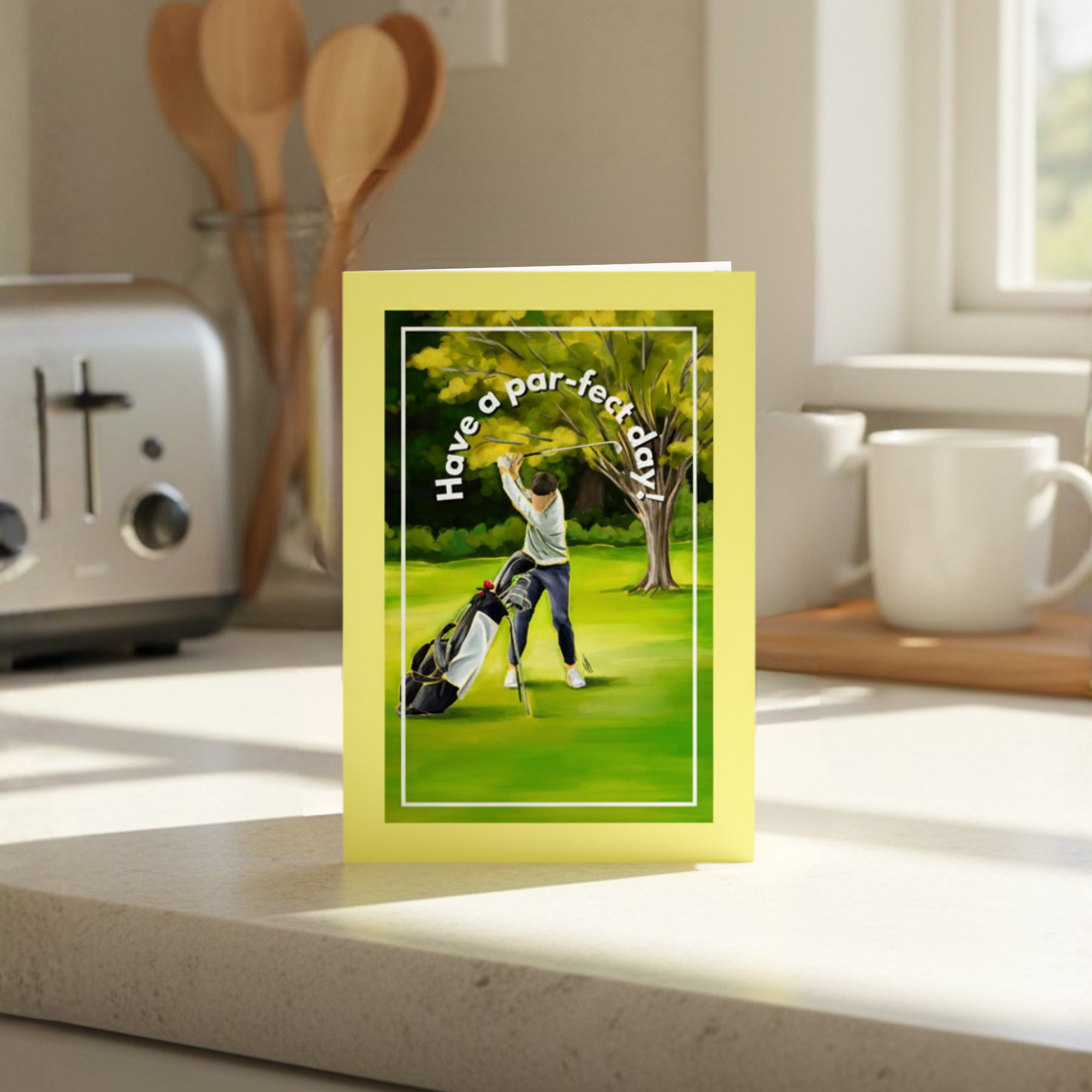 Golf card with a golfer swinging a club on a golf course, surrounded by trees and grass, with text 'Have a par-fect day!' on a yellow border. Displayed in a sunny kitchen