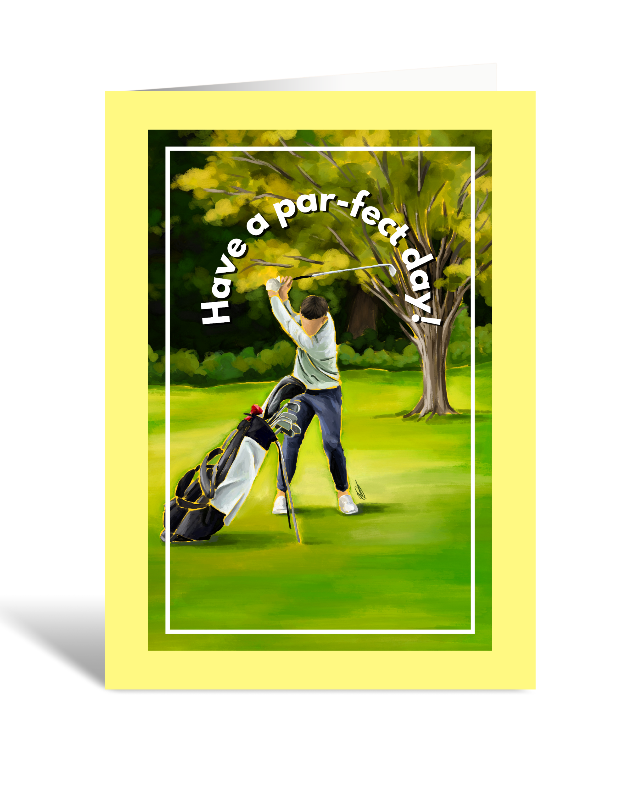 Greeting card with a golfer on a green course and 'Have a par-fect day!' text.