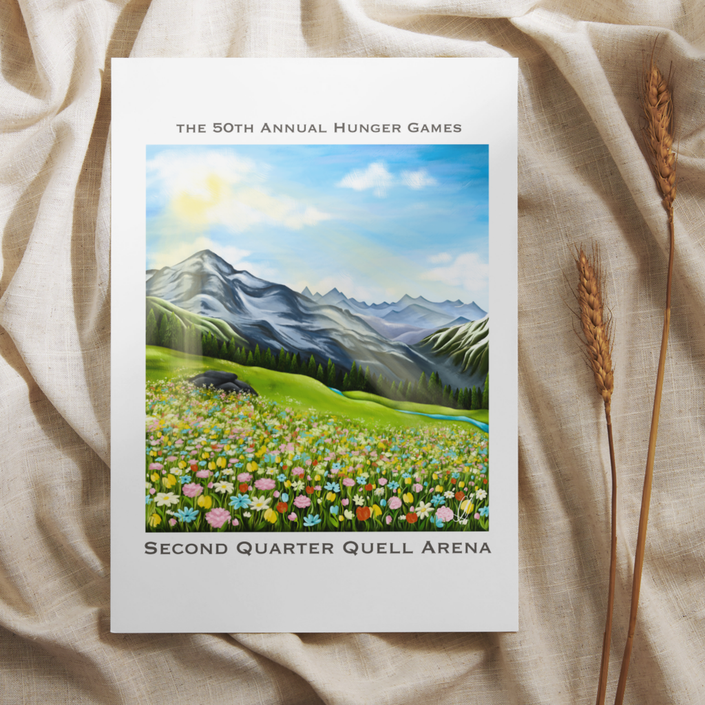 art print of a sunny meadow with flowers with ‘50th annual hunger games’ above and ‘second quarter quell arena’ below