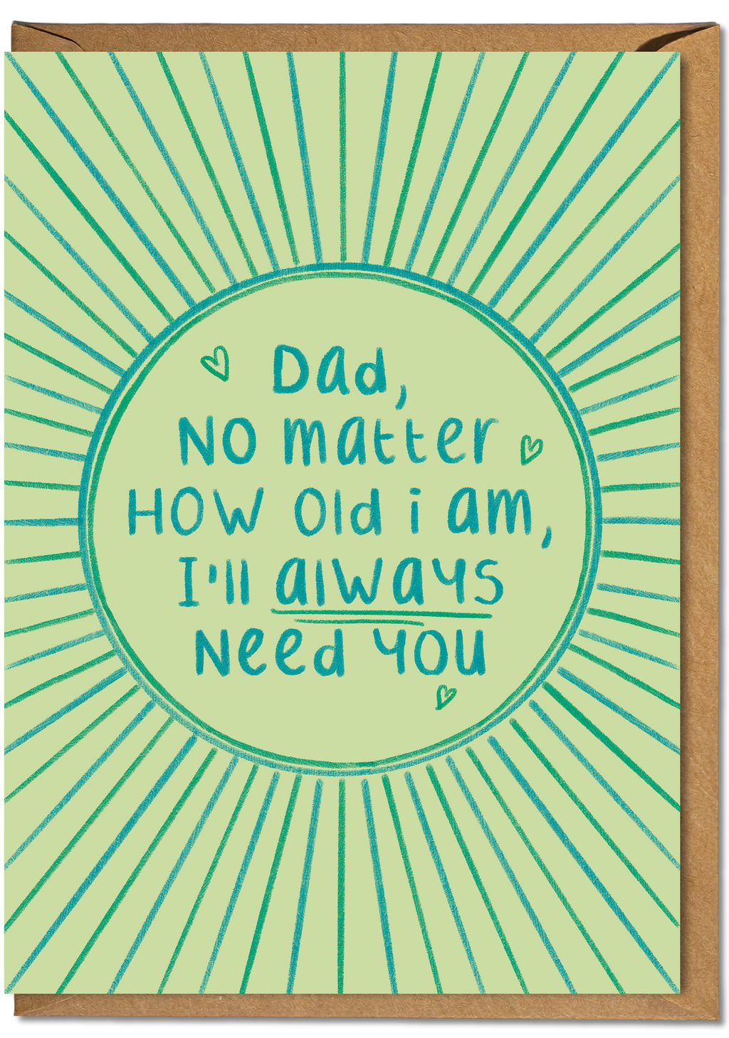 Greeting card with text 'Dad, no matter how old I am, I'll always need you' on a green background with sunburst design.