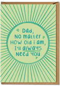 Greeting card with text 'Dad, no matter how old I am, I'll always need you' on a green background with sunburst design.