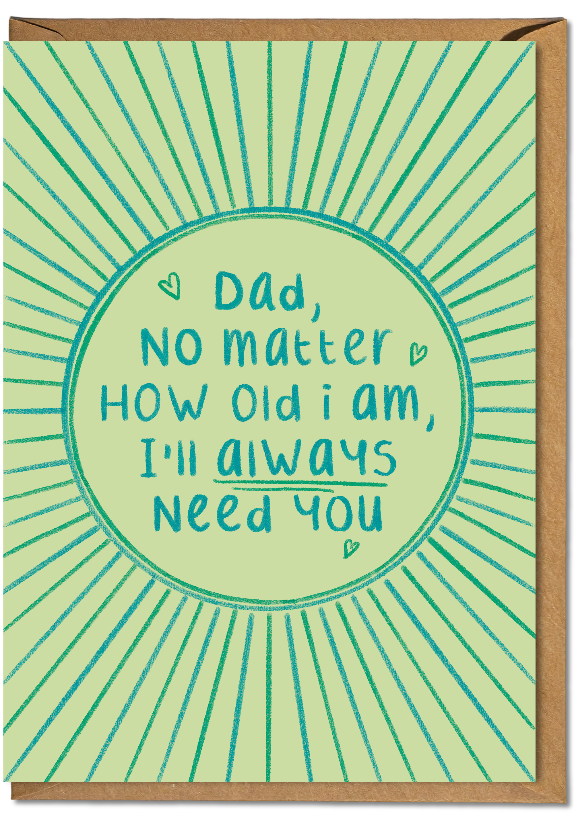 Greeting card with text 'Dad, no matter how old I am, I'll always need you' on a green background with sunburst design.