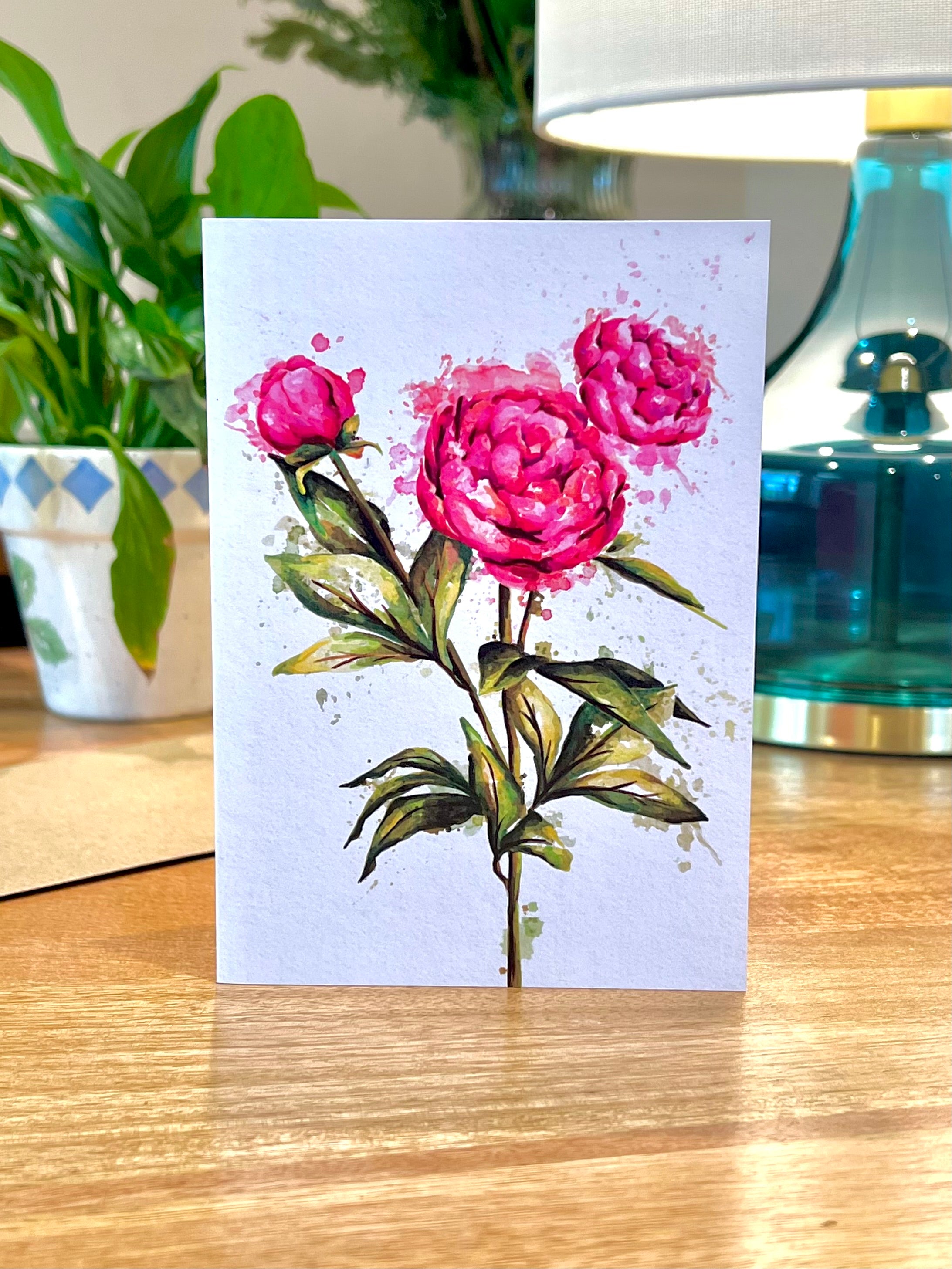 Watercolour Peonies - A6 Card