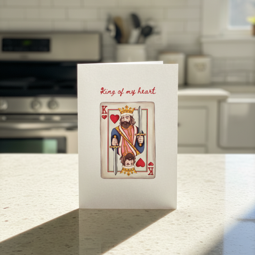 Card with a king of hearts design on a kitchen counter